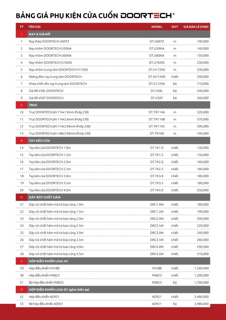 Bảng giá bộ tời và phụ kiện cửa cuốn Doortech chính hãng