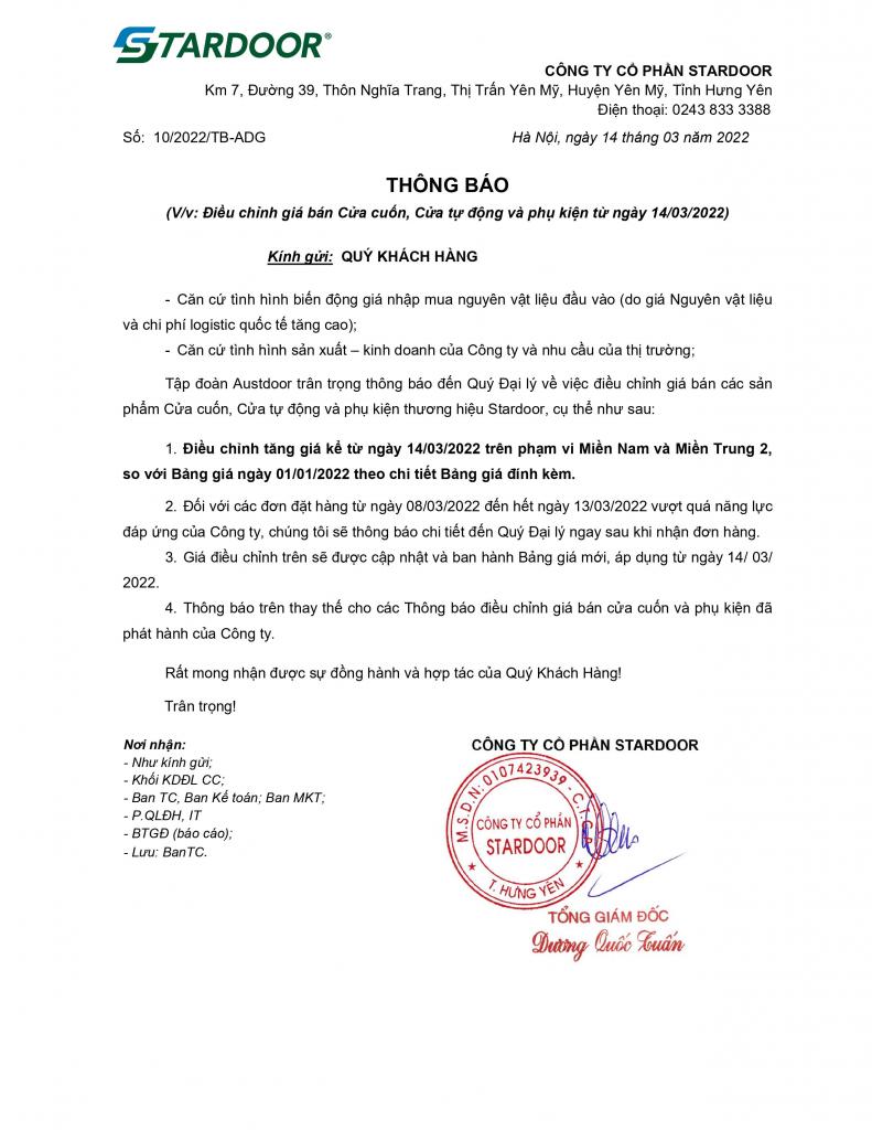 Thông báo điều chỉnh tăng giá Cửa cuốn năm 2022